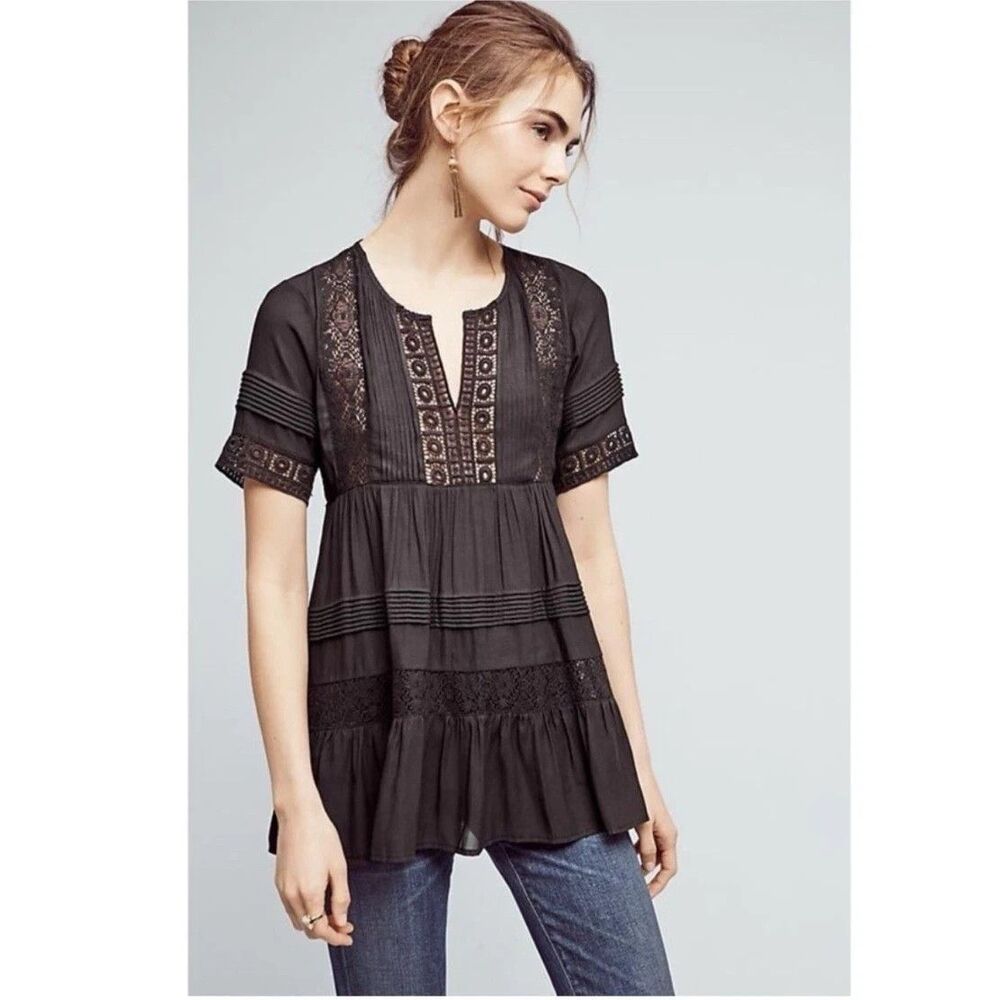 Maeve Anthropologie Lace Tiered Tunic Top Womens Med Black Crochet Boho Peasant